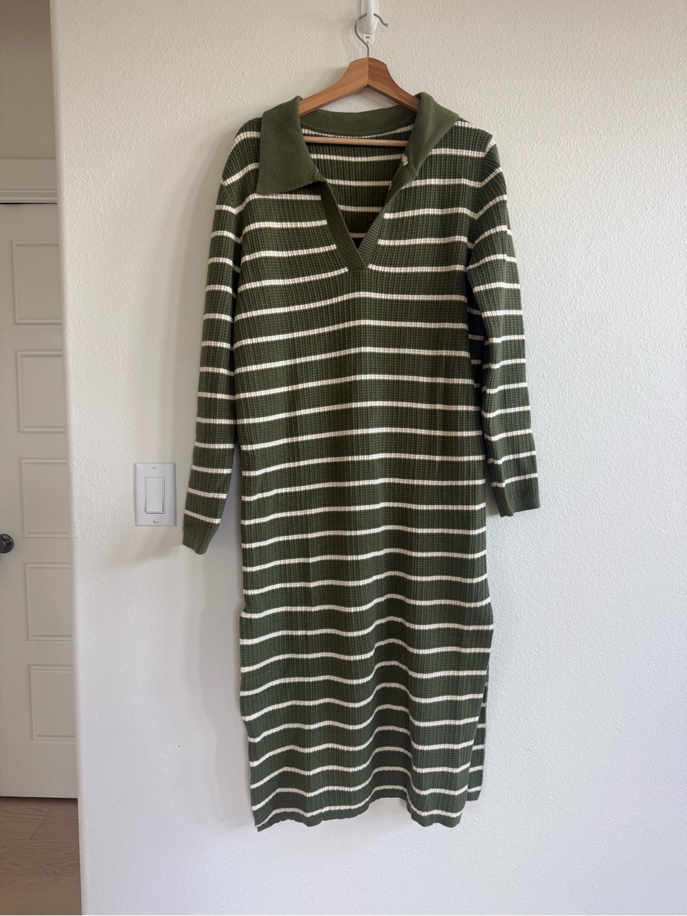Olive + White Striped Knit Collared Sweater Dress (Never Worn)